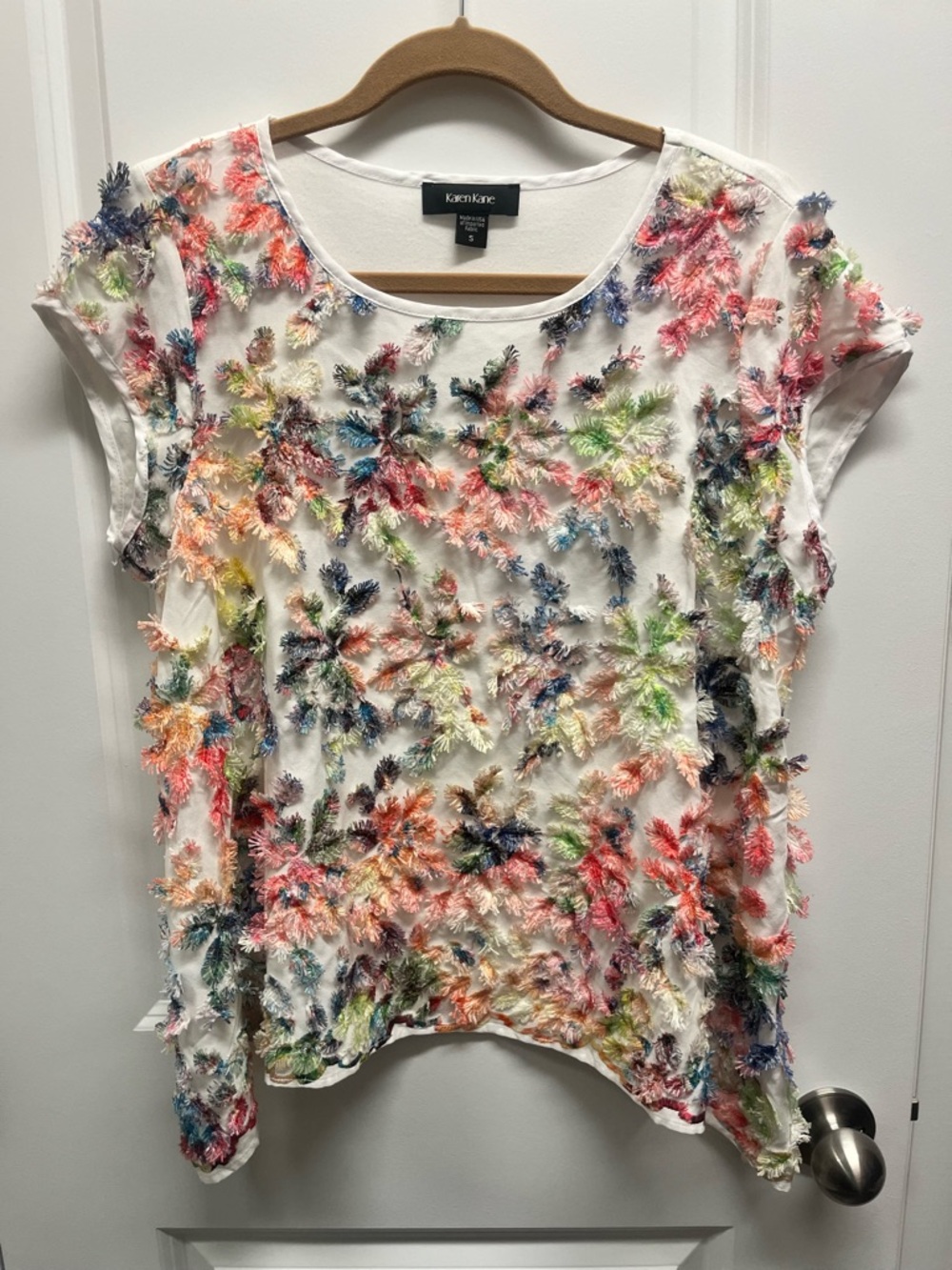 Karen Kane White Short Sleeve Tee with Multicolor Floral Fringe